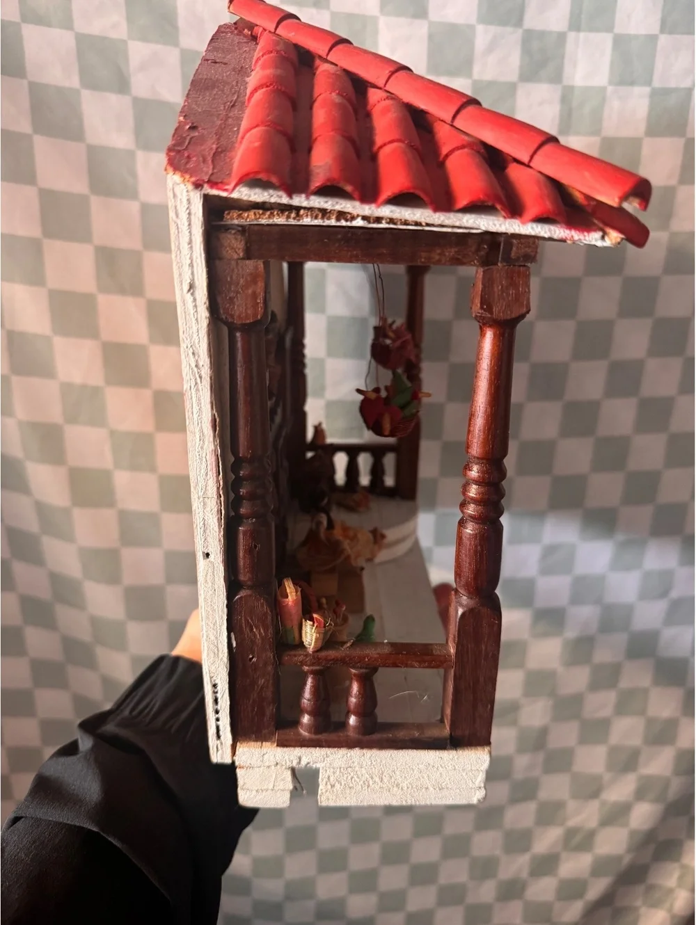 Handmade Rustic House Model with Red Tiled Roof and Detailed Decor